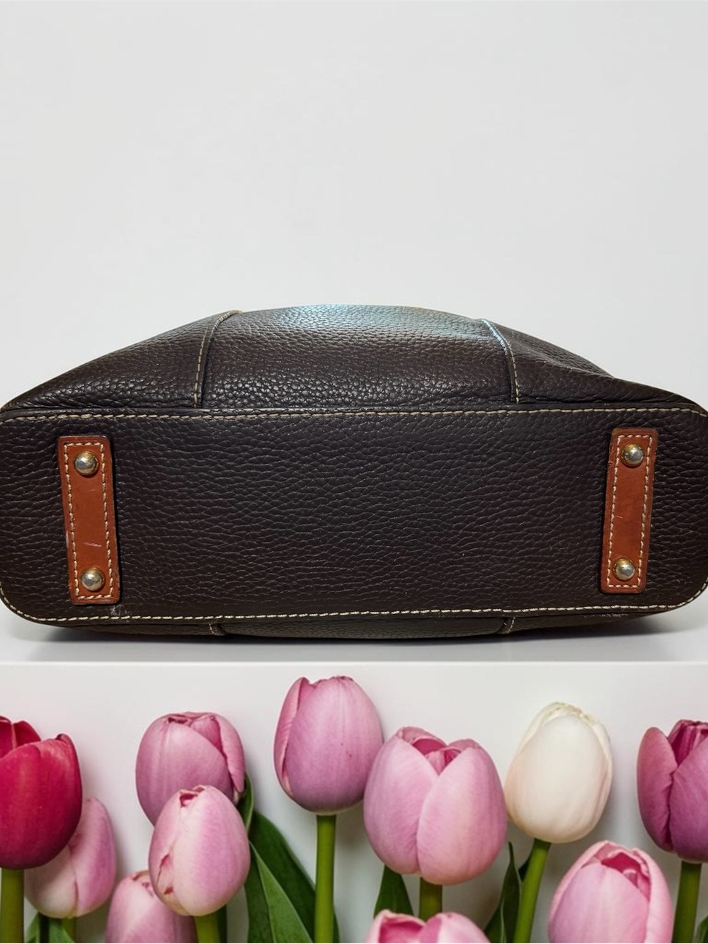 Dooney & Bourke Dark Brown Pebbled Leather Tote with Tan Trim - Picture 4 of 6